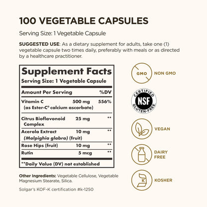 Solgar Ester-C Plus 500 mg Vitamin C (Ascorbate Complex), 100 Vegetable Capsules - Gentle & Non Acidic - Antioxidant & Immune Support - Non GMO, Vegan, Gluten-Free, Kosher - 100 Servings