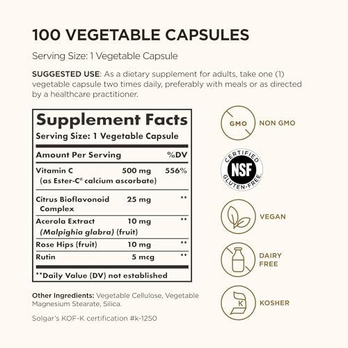 Solgar Ester-C Plus 500 mg Vitamin C (Ascorbate Complex), 100 Vegetable Capsules - Gentle & Non Acidic - Antioxidant & Immune Support - Non GMO, Vegan, Gluten-Free, Kosher - 100 Servings - görsel 3