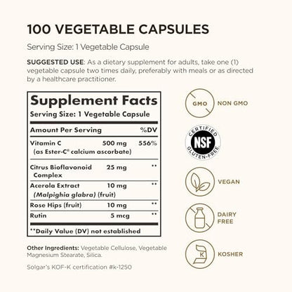 Solgar Ester-C Plus 500 mg Vitamin C (Ascorbate Complex), 100 Vegetable Capsules - Gentle & Non Acidic - Antioxidant & Immune Support - Non GMO, Vegan, Gluten-Free, Kosher - 100 Servings