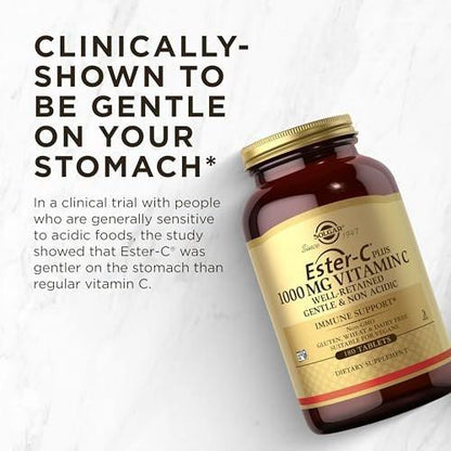 Solgar Ester-C Plus 1000 mg Vitamin C (Ascorbate Complex) - 180 Tablets - Gentle & Non Acidic - Supports Upper Respiratory Health - Non-GMO, Gluten-Free - 180 Servings