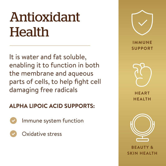 Solgar Alpha Lipoic Acid 200 mg, 50 Vegetable Capsules - Antioxidant Support - Helps to Recycle Glutathione, Vitamin C & E, CoQ-10 - Non-GMO, Vegan, Gluten Free, Dairy Free, Kosher - 50 Servings