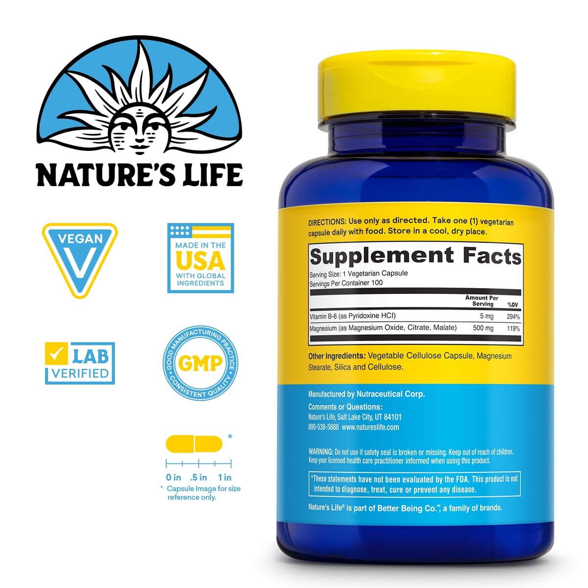Nature's Life Renewing Magnesium 500 mg - Magnesium Citrate, Magnesium Malate, Magnesium Oxide Plus Vitamin B-6 - Muscles and Nerves Support - Lab Verified (100 Servings, 100 VegCaps) - görsel 3