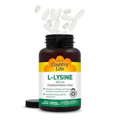 Country Life L-Lysine 500mg with B-6, Supports Immune Health, Promotes Collagen Renewal in Lips and Mouth, 100 Vegan Capsules, Certified Gluten Free, Certified Vegan