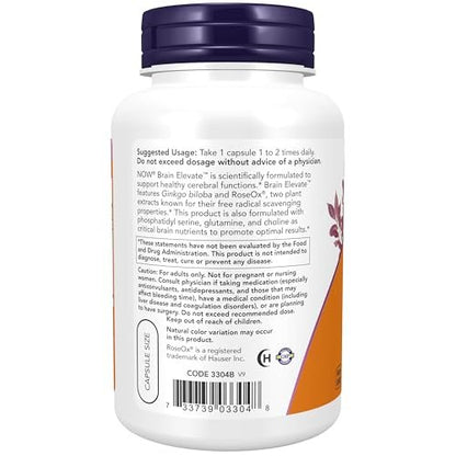 NOW Foods Supplements, Brain Elevate™, Featuring Ginkgo Biloba, RoseOx® and Phosphatidyl Serine, 120 Veg Capsules