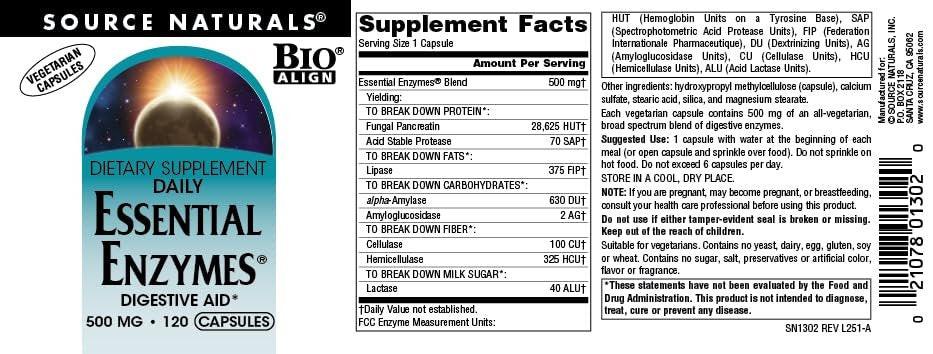 Source Naturals Essential Enzymes 500mg Bio-Aligned Multiple Enzyme Supplement Herbal Defense for Digestion, Gas, Constipation & Bloating Relief - Supports Immune System* - 120 Vegetarian Capsules - görsel 6