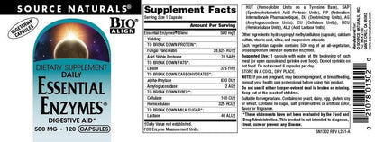 Source Naturals Essential Enzymes 500mg Bio-Aligned Multiple Enzyme Supplement Herbal Defense for Digestion, Gas, Constipation & Bloating Relief - Supports Immune System* - 120 Vegetarian Capsules
