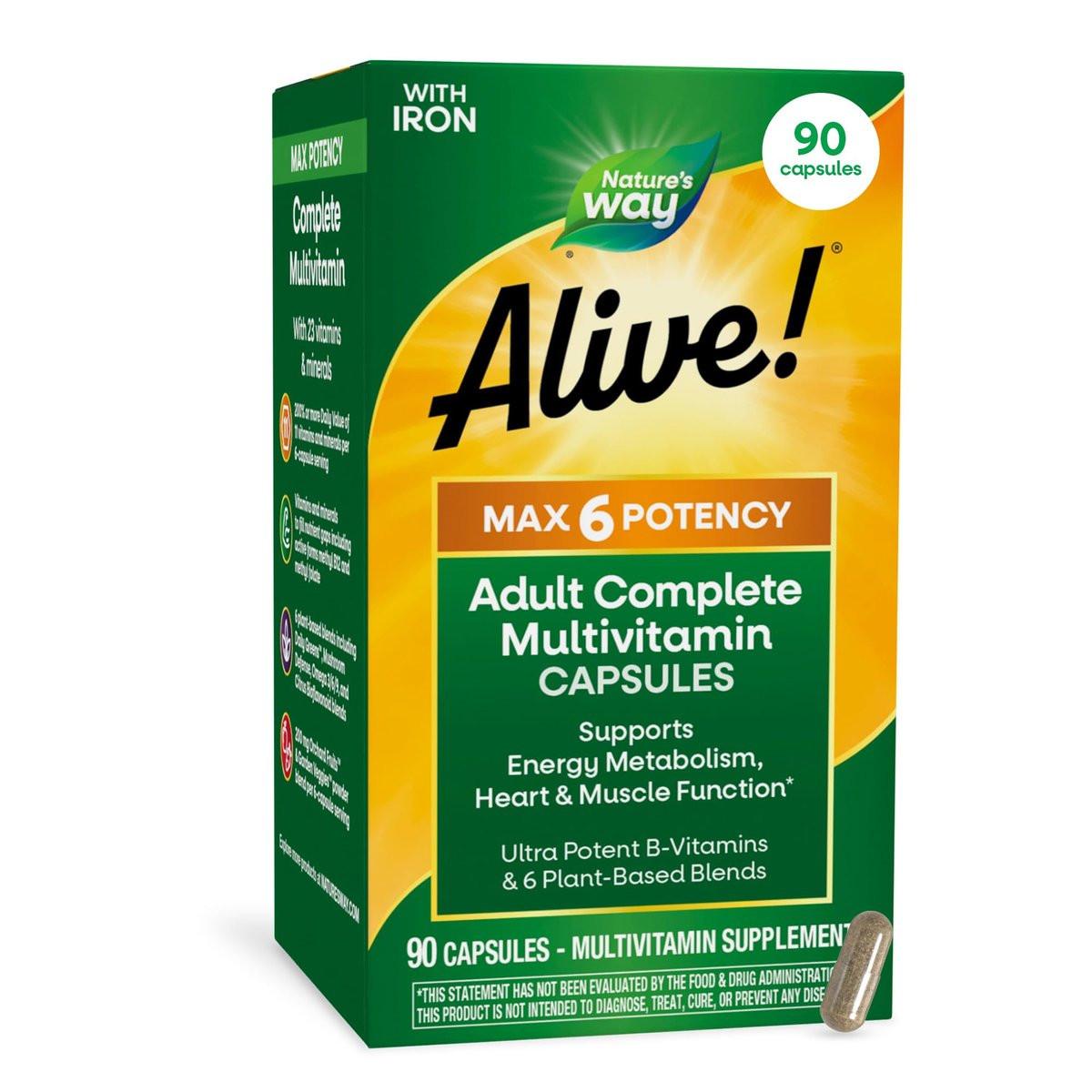 Nature's Way Alive! Max6 Potency Adult Complete Multivitamin with Iron, Antioxidant Vitamins A, C, E, B-Vitamins Including Methylated B12 & Folate, Energy Metabolism Support*, 90 Capsules - görsel 2