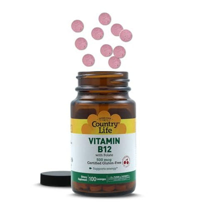 Country Life Vitamin B12 with Folate, Supports Energy & Red Blood Cell Production, 500mcg, 100 Lozenges, Certified Gluten Free, Vegan, Halal, Non-GMO Verified