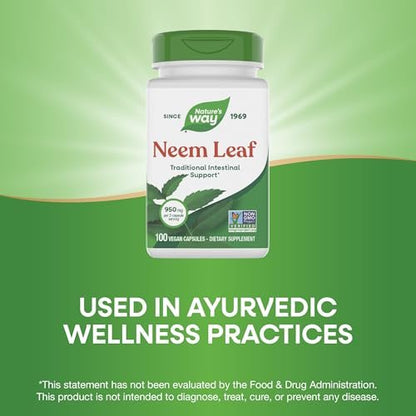 Nature's Way Neem Leaf Capsules, Traditional Intestinal Support, Used in Ayurveda, 950 mg per 2-Capsule Serving, Non-GMO Project Verified, Vegan, 100 Count (Packaging May Vary)