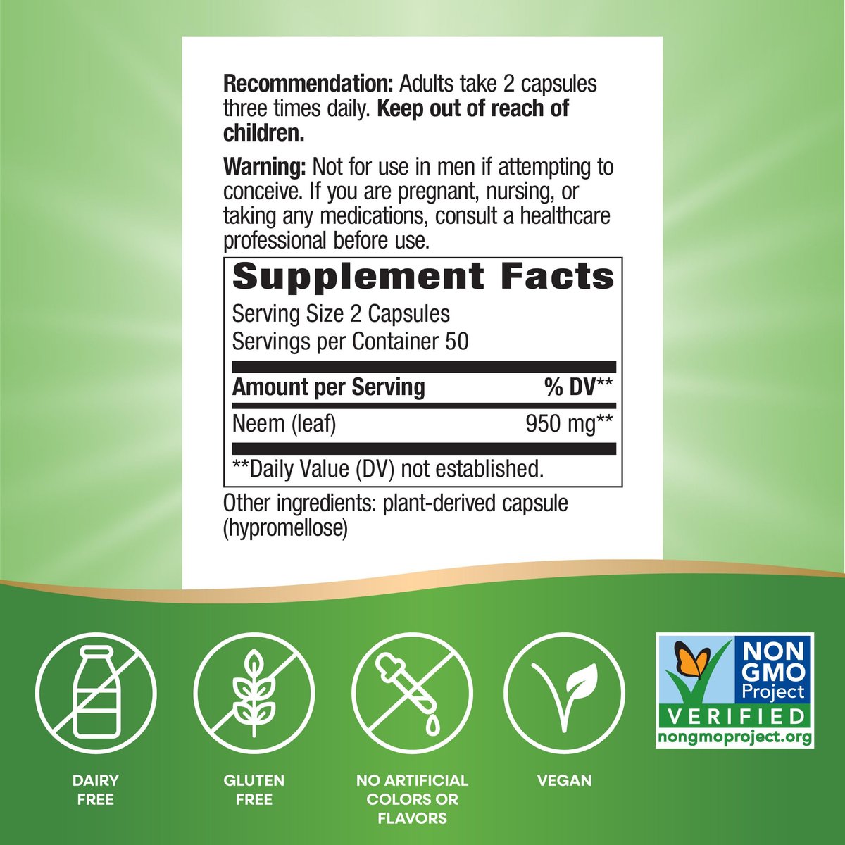 Nature's Way Neem Leaf Capsules, Traditional Intestinal Support, Used in Ayurveda, 950 mg per 2-Capsule Serving, Non-GMO Project Verified, Vegan, 100 Count (Packaging May Vary) - görsel 10