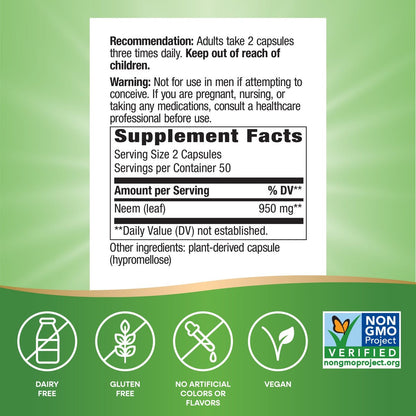 Nature's Way Neem Leaf Capsules, Traditional Intestinal Support, Used in Ayurveda, 950 mg per 2-Capsule Serving, Non-GMO Project Verified, Vegan, 100 Count (Packaging May Vary)