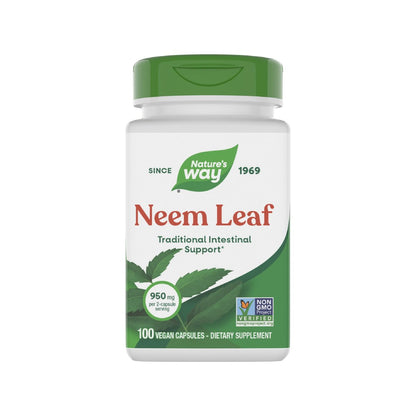Nature's Way Neem Leaf Capsules, Traditional Intestinal Support, Used in Ayurveda, 950 mg per 2-Capsule Serving, Non-GMO Project Verified, Vegan, 100 Count (Packaging May Vary)