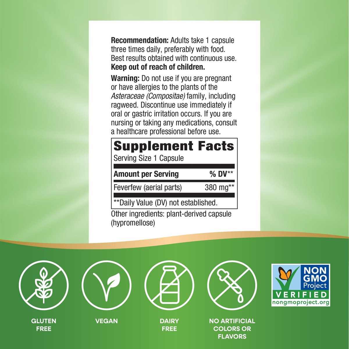 Nature's Way Feverfew Herb, Traditional Support for Blood Vessel Relaxation*, 380 mg per Serving, Non-GMO Project Verified, 100 Vegan Feverfew Capsules (Packaging May Vary) - görsel 9