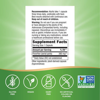 Nature's Way Feverfew Herb, Traditional Support for Blood Vessel Relaxation*, 380 mg per Serving, Non-GMO Project Verified, 100 Vegan Feverfew Capsules (Packaging May Vary)
