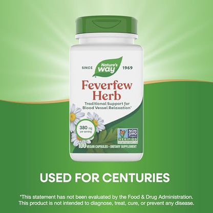 Nature's Way Feverfew Herb, Traditional Support for Blood Vessel Relaxation*, 380 mg per Serving, Non-GMO Project Verified, 100 Vegan Feverfew Capsules (Packaging May Vary)
