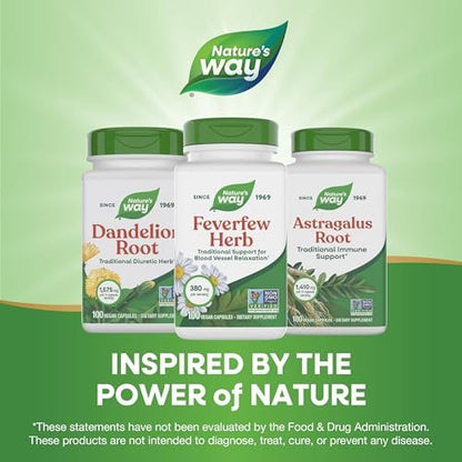 Nature's Way Feverfew Herb, Traditional Support for Blood Vessel Relaxation*, 380 mg per Serving, Non-GMO Project Verified, 100 Vegan Feverfew Capsules (Packaging May Vary)
