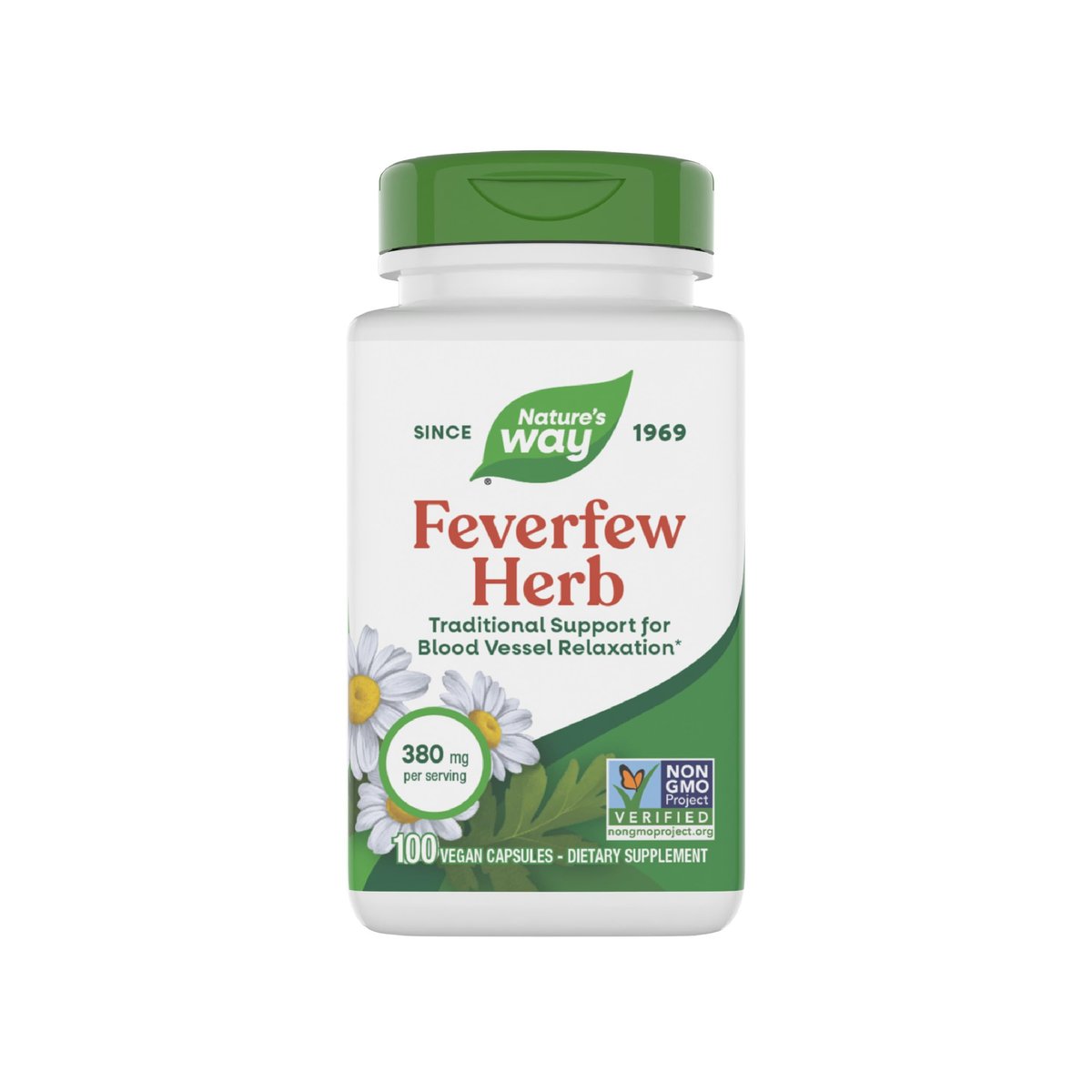 Nature's Way Feverfew Herb, Traditional Support for Blood Vessel Relaxation*, 380 mg per Serving, Non-GMO Project Verified, 100 Vegan Feverfew Capsules (Packaging May Vary) - görsel 1