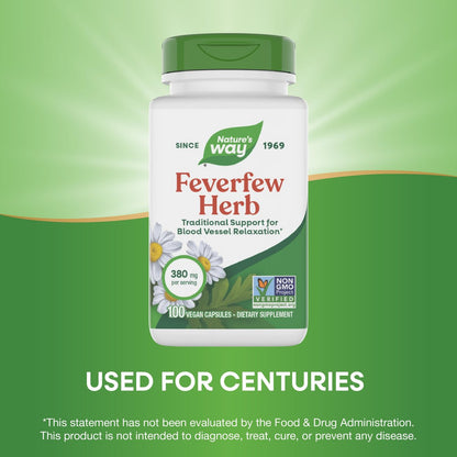 Nature's Way Feverfew Herb, Traditional Support for Blood Vessel Relaxation*, 380 mg per Serving, Non-GMO Project Verified, 100 Vegan Feverfew Capsules (Packaging May Vary)