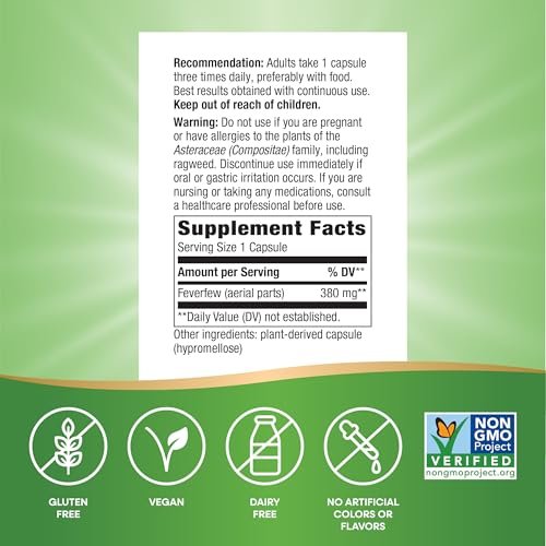 Nature's Way Feverfew Herb, Traditional Support for Blood Vessel Relaxation*, 380 mg per Serving, Non-GMO Project Verified, 100 Vegan Feverfew Capsules (Packaging May Vary) - görsel 10