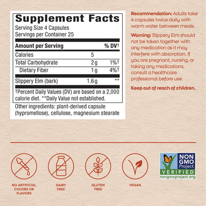 Nature's Way Slippery Elm Bark Capsules, Traditional Digestive Support to Soothe Gastrointestinal Tract*, 1,600 mg per 4-Capsule Serving for Traditional GI Support*, Vegan, 100 Capsules