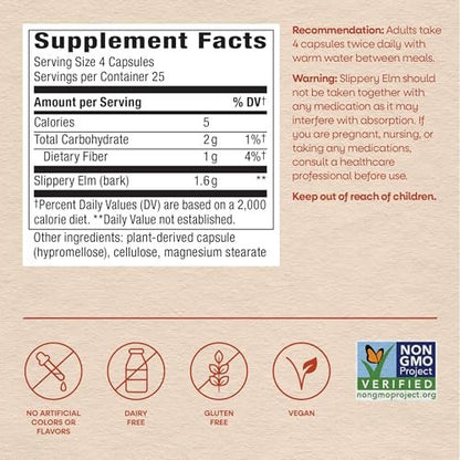 Nature's Way Slippery Elm Bark Capsules, Traditional Digestive Support to Soothe Gastrointestinal Tract*, 1,600 mg per 4-Capsule Serving for Traditional GI Support*, Vegan, 100 Capsules