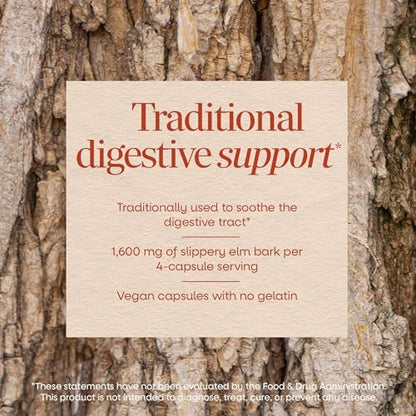Nature's Way Slippery Elm Bark Capsules, Traditional Digestive Support to Soothe Gastrointestinal Tract*, 1,600 mg per 4-Capsule Serving for Traditional GI Support*, Vegan, 100 Capsules