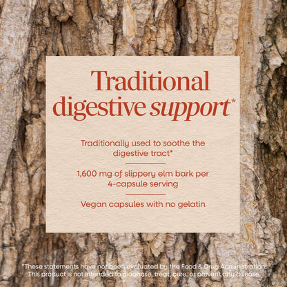 Nature's Way Slippery Elm Bark Capsules, Traditional Digestive Support to Soothe Gastrointestinal Tract*, 1,600 mg per 4-Capsule Serving for Traditional GI Support*, Vegan, 100 Capsules