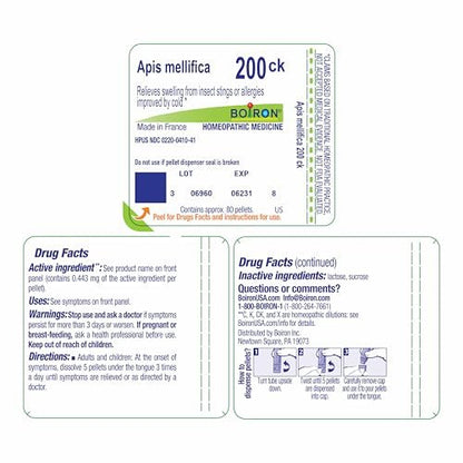 Boiron Apis Mellifica 200CK, 80 Pellets - Homeopathic Medicine for Insect Bites