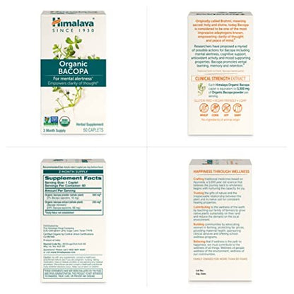 Himalaya Organic Bacopa Monnieri Nootropic Herbal Supplement, Brahmi, Supports Calm, Memory, Cognition, USDA Certified Organic, Non-GMO, 750 mg, 60 Plant-Based Caplets, 60 Day Supply