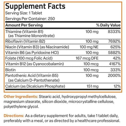Bronson Super B 100 Vitamin B Complex Sustained Release Contains All B Vitamins (Vitamin B1, B2, B3, B6, B9 - Folic Acid, B12) Supports Energy Metabolism & Nervous System Health, Non-GMO, 250 Tablets