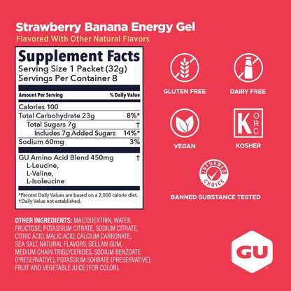 GU Energy Original Sports Nutrition Energy Gel, Vegan and Dairy-Free On-the-Go Energy for Any Workout, Strawberry Banana, 8-Count