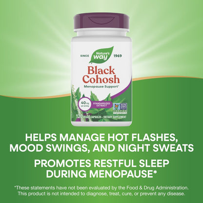 Nature's Way Black Cohosh Premium Extract, Helps Reduce Night Sweats and Promotes Restful Sleep for Women During Menopause*, 40 mg per Serving, 120 Vegan Capsules (Packaging May Vary)