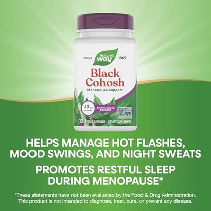 Nature's Way Black Cohosh Premium Extract, Helps Reduce Night Sweats and Promotes Restful Sleep for Women During Menopause*, 40 mg per Serving, 120 Vegan Capsules (Packaging May Vary)