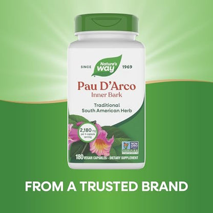 Nature's Way PAU d'Arco Inner Bark, Traditional South American Herb, 2,180 mg per 4-Capsule Serving, Non-GMO Project Verified, 180 Capsules (Packaging May Vary)