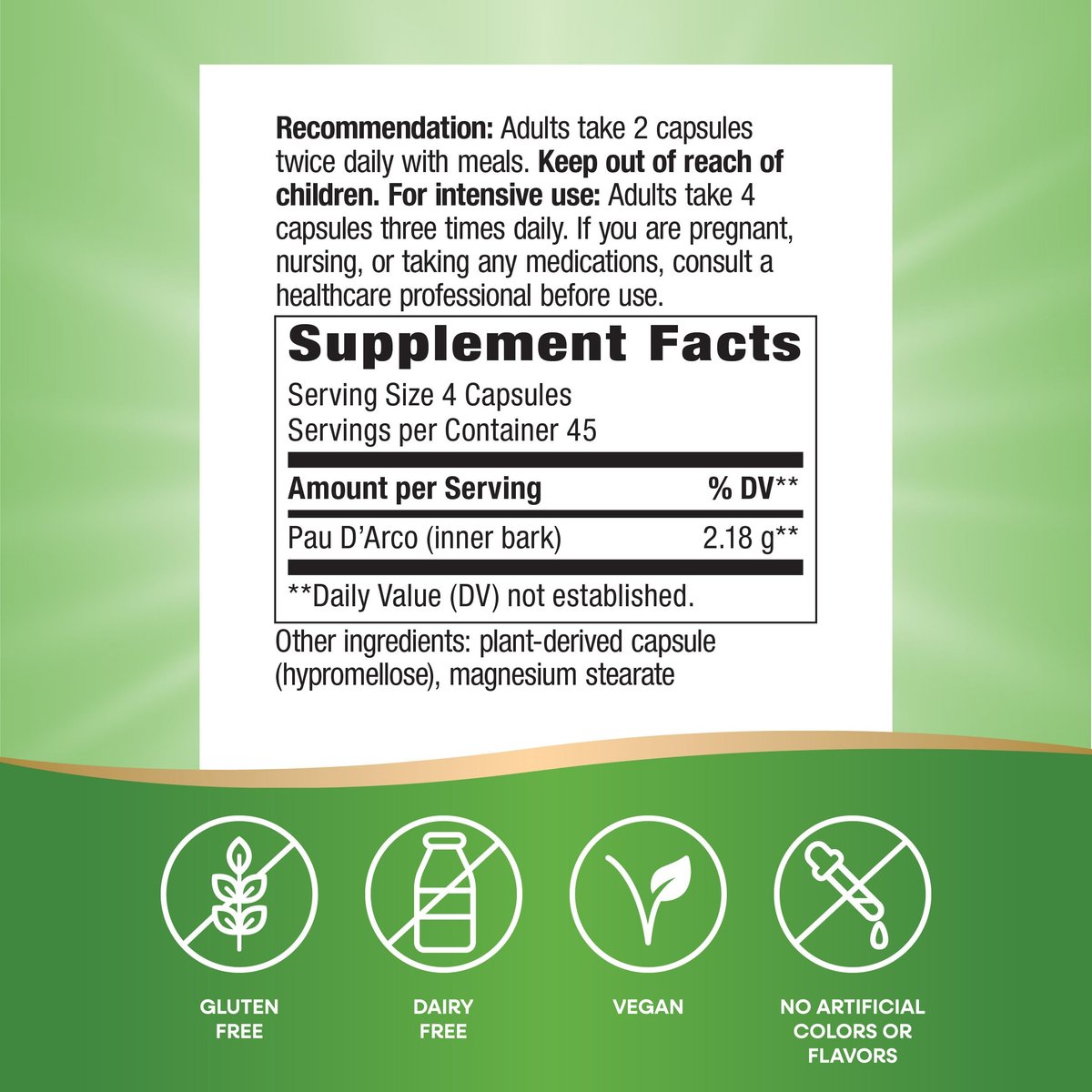 Nature's Way PAU d'Arco Inner Bark, Traditional South American Herb, 2,180 mg per 4-Capsule Serving, Non-GMO Project Verified, 180 Capsules (Packaging May Vary) - görsel 10