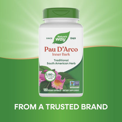 Nature's Way PAU d'Arco Inner Bark, Traditional South American Herb, 2,180 mg per 4-Capsule Serving, Non-GMO Project Verified, 180 Capsules (Packaging May Vary)