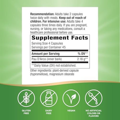 Nature's Way PAU d'Arco Inner Bark, Traditional South American Herb, 2,180 mg per 4-Capsule Serving, Non-GMO Project Verified, 180 Capsules (Packaging May Vary)