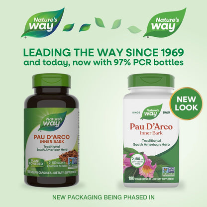 Nature's Way PAU d'Arco Inner Bark, Traditional South American Herb, 2,180 mg per 4-Capsule Serving, Non-GMO Project Verified, 180 Capsules (Packaging May Vary)