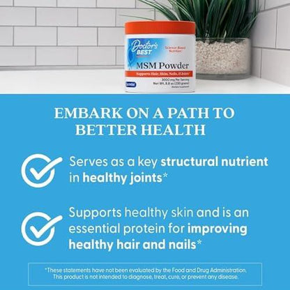 Doctor's Best MSM Powder Supplement for Men & Women - Supports Hair, Skin, Nails, Joint Health, & Mobility, Delivers Beneficial Sulfur with OptiMSM, Gluten Free, Soy Free, Non GMO, Vegan - 8.8 oz