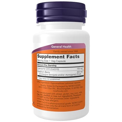 NOW Foods Supplements, CoQ10 100 mg with Hawthorn Berry, Pharmaceutical Grade, All-Trans Form produced by Fermentation, 30 Veg Capsules