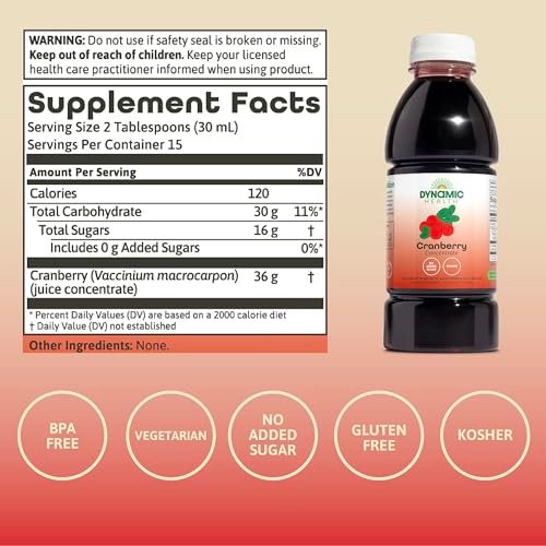 Dynamic Health Pure Cranberry Unsweetened 100% Juice Concentrate, Natural Antioxidant Supplement, No Additives, No Added Sugar, No Preservatives, 16 Servings, 16oz - görsel 4
