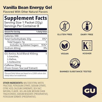 GU Energy Original Sports Nutrition Energy Gel, Vegan and Dairy-Free On-the-Go Energy for Any Workout, Vanilla Bean, 8-Count