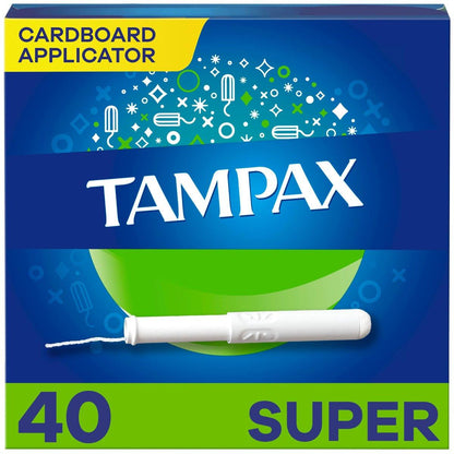 Tampax Cardboard Tampons for Women Super Absorbency, Anti-Slip Grip, LeakGuard Skirt, Unscented, 40 Count