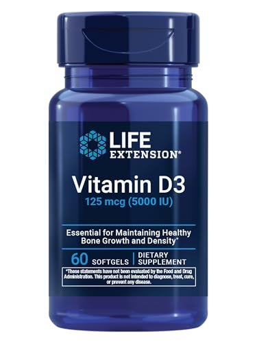Life Extension Vitamin D3 125 mcg (5000 IU), Bone Health, Brain Performance, Immune System Support, Gluten-Free, Non-GMO, Once Daily, Two-Month Supply, 60 Softgels - görsel 1