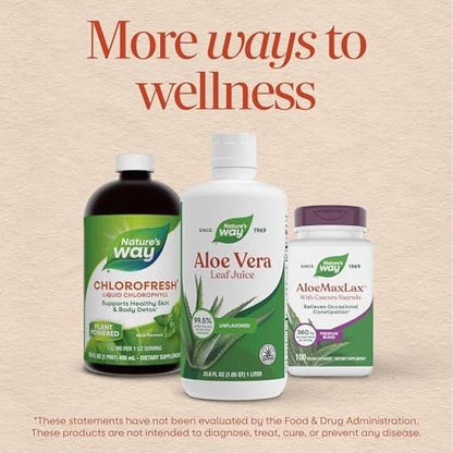 Nature’s Way Aloe Vera Leaf Juice, Flavorless Juice 99.5% Purified from Concentrate, Certified by The International Aloe Science Council, Unflavored, 33.8 Fl Oz