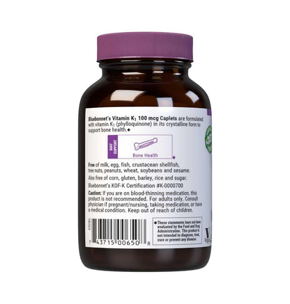 Bluebonnet Vitamin K1 100 mcg Supports Bone Health - Phylloquinone Crystalline Vitamin K Supplement - Non-GMO, Kosher Certified, Gluten-Free, Dairy-Free - 100 Vegan Caplets