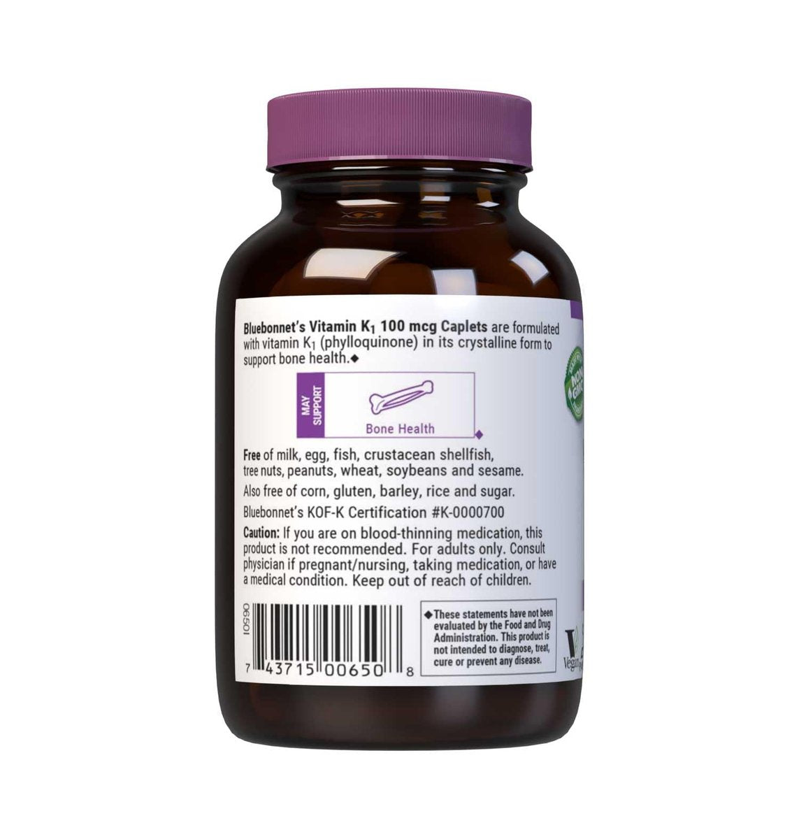 Bluebonnet Vitamin K1 100 mcg Supports Bone Health - Phylloquinone Crystalline Vitamin K Supplement - Non-GMO, Kosher Certified, Gluten-Free, Dairy-Free - 100 Vegan Caplets - görsel 5