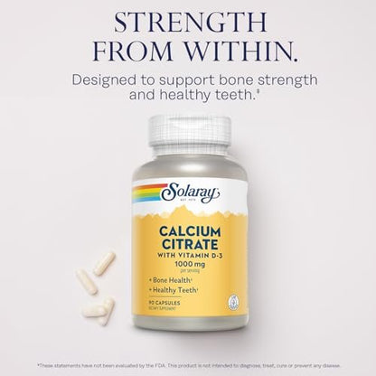 Solaray Calcium Citrate with Vitamin D3 1000mg - Bone Strength and Healthy Teeth Support - Gentle Digestion Formula - Lab Verified, 60-Day Guarantee - 15 Servings, 90 Capsules