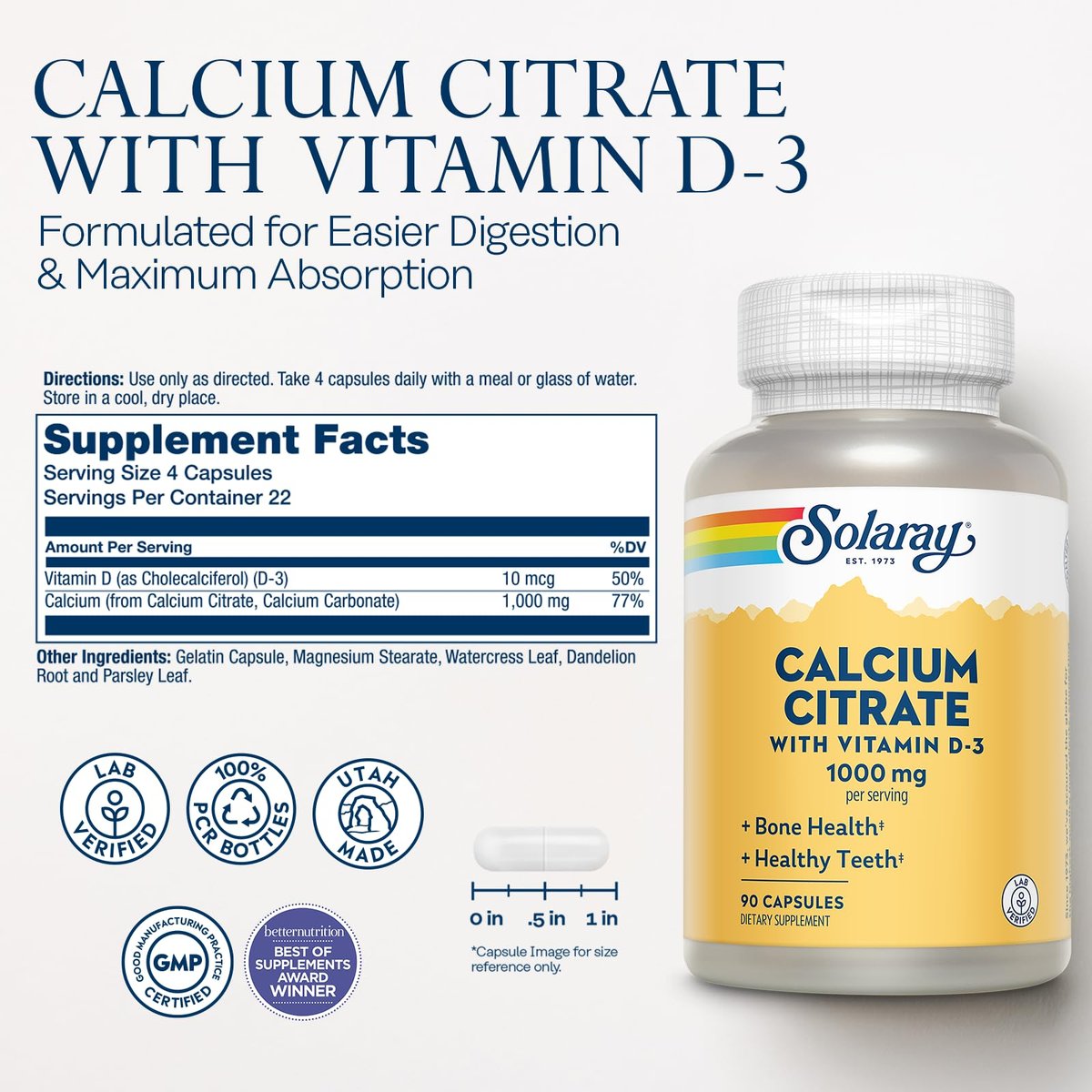 Solaray Calcium Citrate with Vitamin D3 1000mg - Bone Strength and Healthy Teeth Support - Gentle Digestion Formula - Lab Verified, 60-Day Guarantee - 15 Servings, 90 Capsules - görsel 3