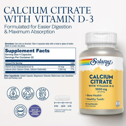 Solaray Calcium Citrate with Vitamin D3 1000mg - Bone Strength and Healthy Teeth Support - Gentle Digestion Formula - Lab Verified, 60-Day Guarantee - 15 Servings, 90 Capsules